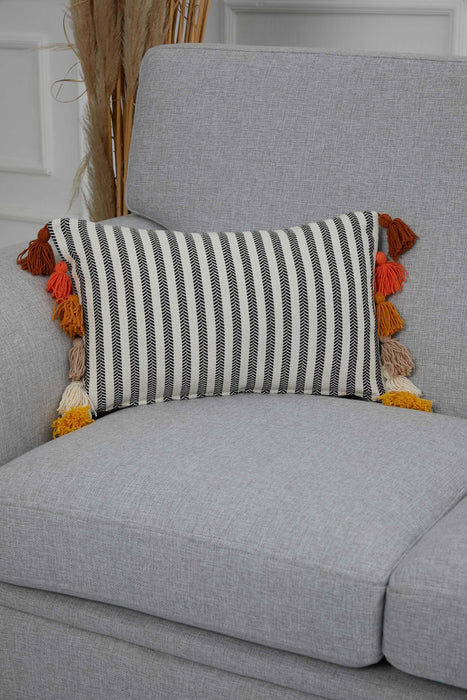 Striped Pillow Cover with Colourful Tassels on the Edges, Tasseled Anatolian Peshtemal Throw Pillow, Striped-Patterned Cushion Cover,K-274