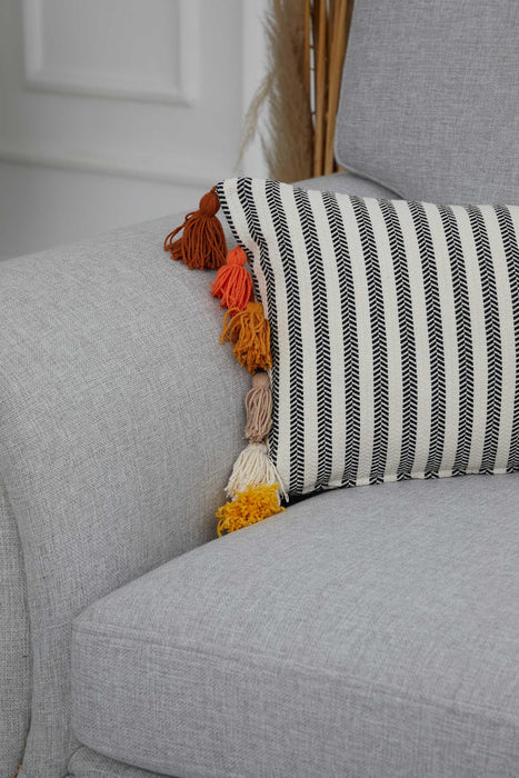 Striped Pillow Cover with Colourful Tassels on the Edges, Tasseled Anatolian Peshtemal Throw Pillow, Striped-Patterned Cushion Cover,K-274