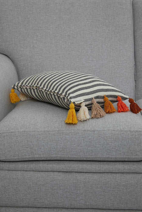 Striped Pillow Cover with Colourful Tassels on the Edges, Tasseled Anatolian Peshtemal Throw Pillow, Striped-Patterned Cushion Cover,K-274