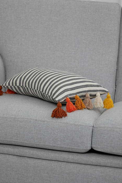 Striped Pillow Cover with Colourful Tassels on the Edges, Tasseled Anatolian Peshtemal Throw Pillow, Striped-Patterned Cushion Cover,K-274