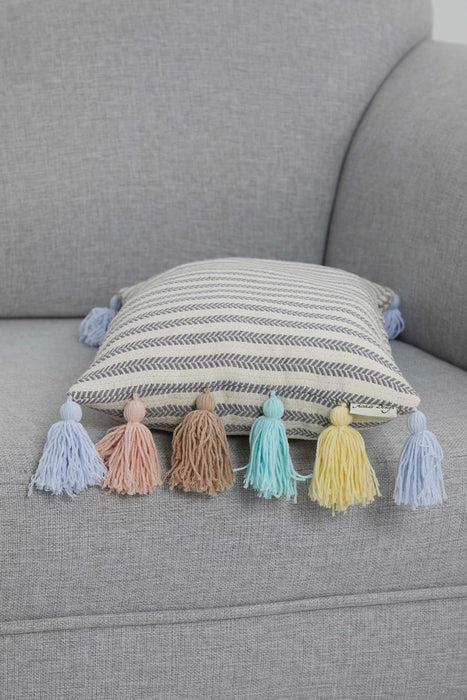 Striped Pillow Cover with Colourful Tassels on the Edges, Tasseled Anatolian Peshtemal Throw Pillow, Striped-Patterned Cushion Cover,K-274