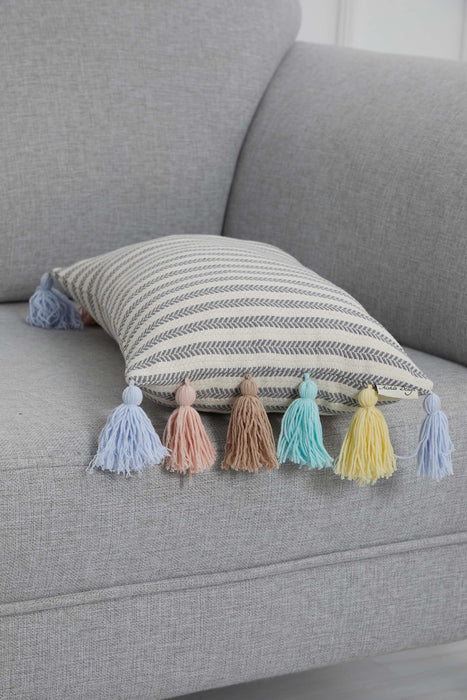 Striped Pillow Cover with Colourful Tassels on the Edges, Tasseled Anatolian Peshtemal Throw Pillow, Striped-Patterned Cushion Cover,K-274