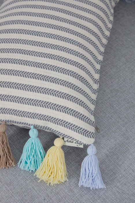 Striped Pillow Cover with Colourful Tassels on the Edges, Tasseled Anatolian Peshtemal Throw Pillow, Striped-Patterned Cushion Cover,K-274