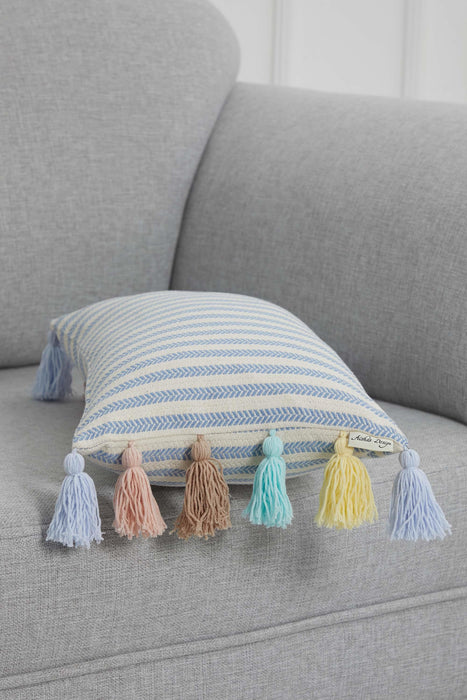 Striped Pillow Cover with Colourful Tassels on the Edges, Tasseled Anatolian Peshtemal Throw Pillow, Striped-Patterned Cushion Cover,K-274