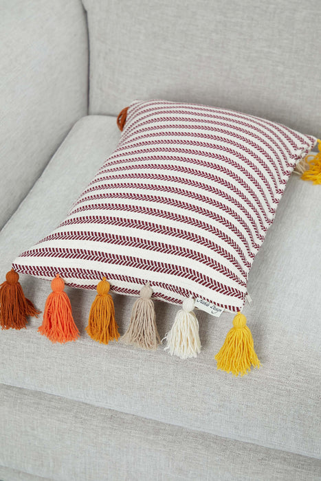 Striped Pillow Cover with Colourful Tassels on the Edges, Tasseled Anatolian Peshtemal Throw Pillow, Striped-Patterned Cushion Cover,K-274