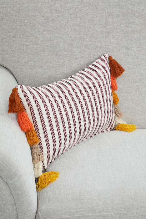 Striped Pillow Cover with Colourful Tassels on the Edges, Tasseled Anatolian Peshtemal Throw Pillow, Striped-Patterned Cushion Cover,K-274