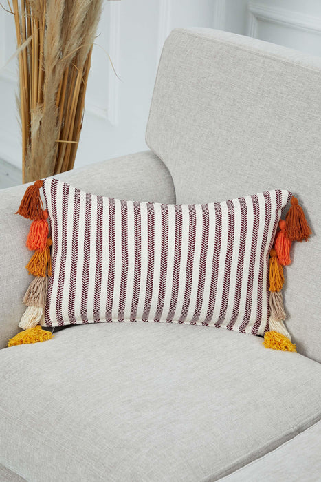 Striped Pillow Cover with Colourful Tassels on the Edges, Tasseled Anatolian Peshtemal Throw Pillow, Striped-Patterned Cushion Cover,K-274