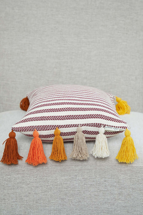 Striped Pillow Cover with Colourful Tassels on the Edges, Tasseled Anatolian Peshtemal Throw Pillow, Striped-Patterned Cushion Cover,K-274