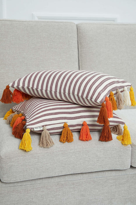 Striped Pillow Cover with Colourful Tassels on the Edges, Tasseled Anatolian Peshtemal Throw Pillow, Striped-Patterned Cushion Cover,K-274