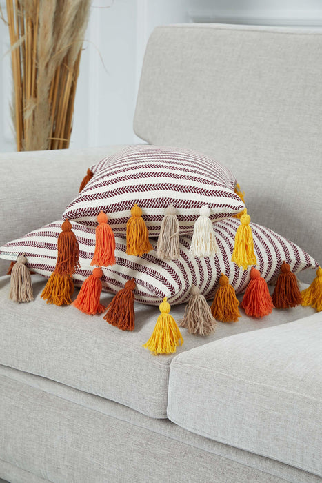 Striped Pillow Cover with Colourful Tassels on the Edges, Tasseled Anatolian Peshtemal Throw Pillow, Striped-Patterned Cushion Cover,K-274