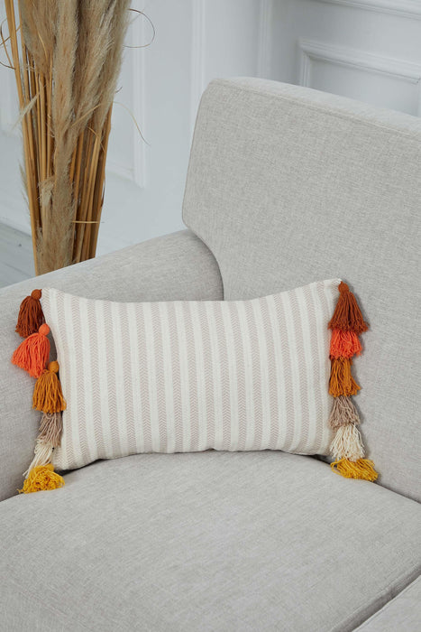 Striped Pillow Cover with Colourful Tassels on the Edges, Tasseled Anatolian Peshtemal Throw Pillow, Striped-Patterned Cushion Cover,K-274