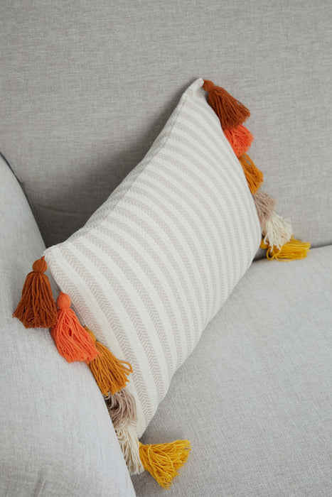 Striped Pillow Cover with Colourful Tassels on the Edges, Tasseled Anatolian Peshtemal Throw Pillow, Striped-Patterned Cushion Cover,K-274