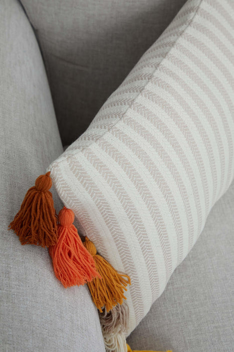 Striped Pillow Cover with Colourful Tassels on the Edges, Tasseled Anatolian Peshtemal Throw Pillow, Striped-Patterned Cushion Cover,K-274