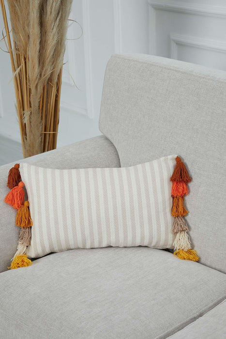 Striped Pillow Cover with Colourful Tassels on the Edges, Tasseled Anatolian Peshtemal Throw Pillow, Striped-Patterned Cushion Cover,K-274