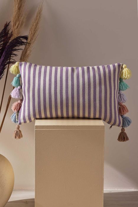 Striped Pillow Cover with Colourful Tassels on the Edges, Tasseled Anatolian Peshtemal Throw Pillow, Striped-Patterned Cushion Cover,K-274