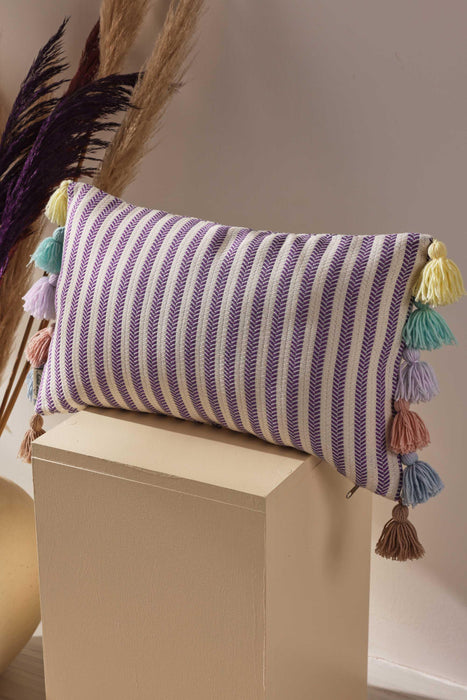 Striped Pillow Cover with Colourful Tassels on the Edges, Tasseled Anatolian Peshtemal Throw Pillow, Striped-Patterned Cushion Cover,K-274