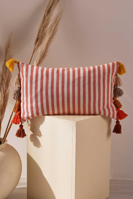 Striped Pillow Cover with Colourful Tassels on the Edges, Tasseled Anatolian Peshtemal Throw Pillow, Striped-Patterned Cushion Cover,K-274