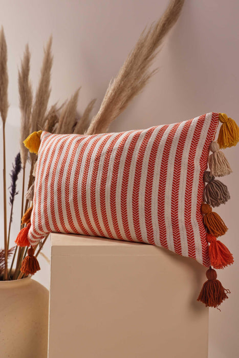 Striped Pillow Cover with Colourful Tassels on the Edges, Tasseled Anatolian Peshtemal Throw Pillow, Striped-Patterned Cushion Cover,K-274