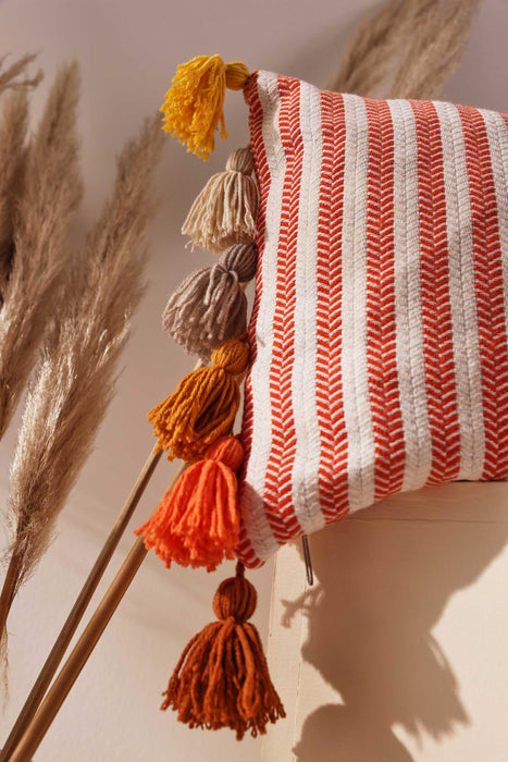 Striped Pillow Cover with Colourful Tassels on the Edges, Tasseled Anatolian Peshtemal Throw Pillow, Striped-Patterned Cushion Cover,K-274