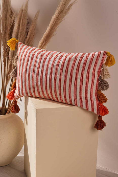 Striped Pillow Cover with Colourful Tassels on the Edges, Tasseled Anatolian Peshtemal Throw Pillow, Striped-Patterned Cushion Cover,K-274