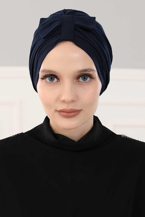 Stylish Bowtie Instant Turban Hijab Bonnet Cap for Women, Easy to Wear Jersey Headwrap with Chic Knot Detail, Modern Modest Fashion,B-7 Navy Blue