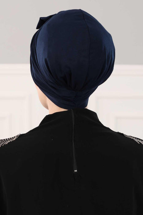 Stylish Bowtie Instant Turban Hijab Bonnet Cap for Women, Easy to Wear Jersey Headwrap with Chic Knot Detail, Modern Modest Fashion,B-7 Navy Blue