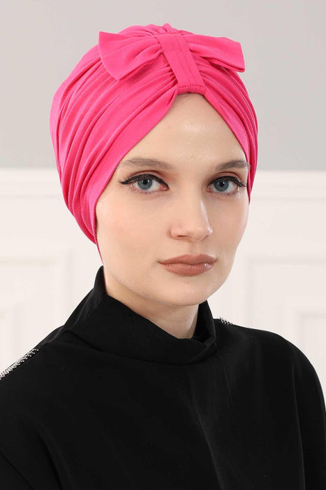 Stylish Bowtie Instant Turban Hijab Bonnet Cap for Women, Easy to Wear Jersey Headwrap with Chic Knot Detail, Modern Modest Fashion,B-7 Fuchsia