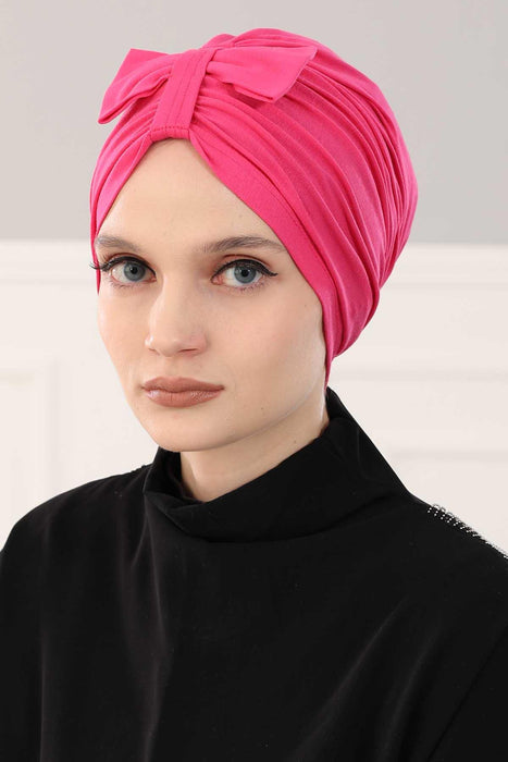 Stylish Bowtie Instant Turban Hijab Bonnet Cap for Women, Easy to Wear Jersey Headwrap with Chic Knot Detail, Modern Modest Fashion,B-7 Fuchsia