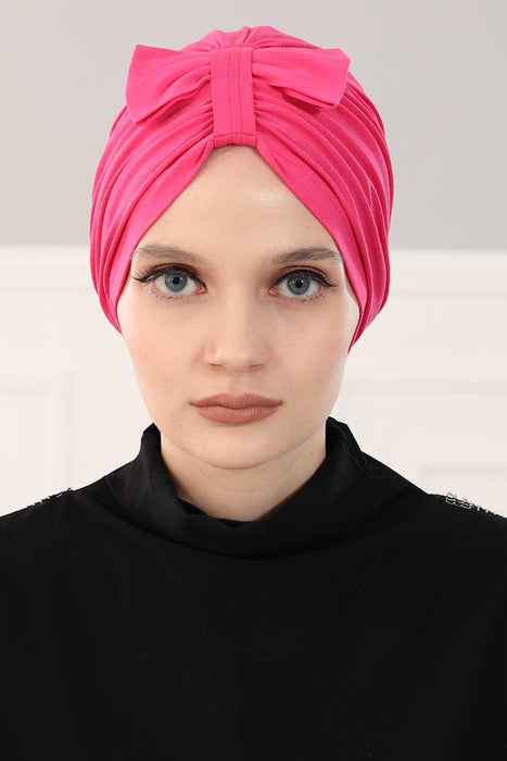 Stylish Bowtie Instant Turban Hijab Bonnet Cap for Women, Easy to Wear Jersey Headwrap with Chic Knot Detail, Modern Modest Fashion,B-7 Fuchsia