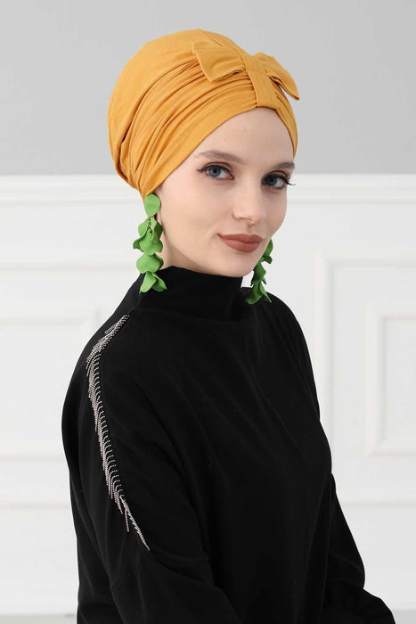 Stylish Bowtie Instant Turban Hijab Bonnet Cap for Women, Easy to Wear Jersey Headwrap with Chic Knot Detail, Modern Modest Fashion,B-7 Mustard Yellow