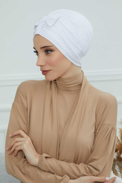 Stylish Bowtie Instant Turban Hijab Bonnet Cap for Women, Easy to Wear Jersey Headwrap with Chic Knot Detail, Modern Modest Fashion,B-7 White