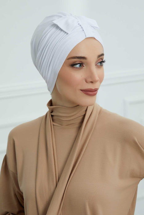 Stylish Bowtie Instant Turban Hijab Bonnet Cap for Women, Easy to Wear Jersey Headwrap with Chic Knot Detail, Modern Modest Fashion,B-7 White