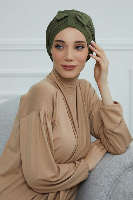 Stylish Bowtie Instant Turban Hijab Bonnet Cap for Women, Easy to Wear Jersey Headwrap with Chic Knot Detail, Modern Modest Fashion,B-7 Army Green