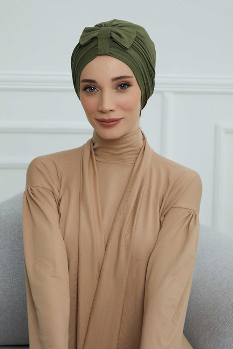 Stylish Bowtie Instant Turban Hijab Bonnet Cap for Women, Easy to Wear Jersey Headwrap with Chic Knot Detail, Modern Modest Fashion,B-7 Army Green