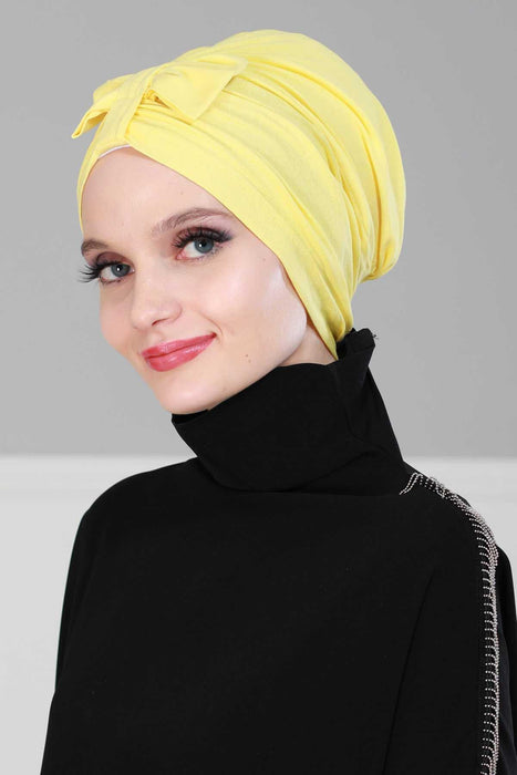 Stylish Bowtie Instant Turban Hijab Bonnet Cap for Women, Easy to Wear Jersey Headwrap with Chic Knot Detail, Modern Modest Fashion,B-7 Yellow
