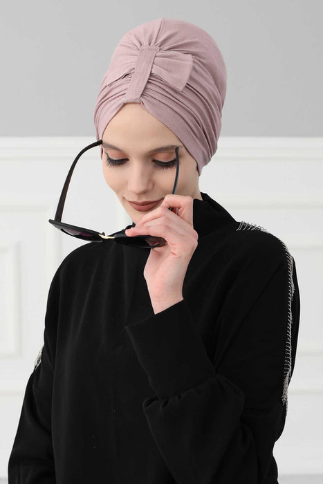 Stylish Bowtie Instant Turban Hijab Bonnet Cap for Women, Easy to Wear Jersey Headwrap with Chic Knot Detail, Modern Modest Fashion,B-7 Mink