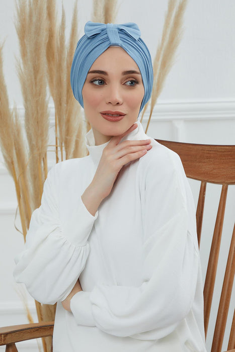 Stylish Bowtie Instant Turban Hijab Bonnet Cap for Women, Easy to Wear Jersey Headwrap with Chic Knot Detail, Modern Modest Fashion,B-7 Blue