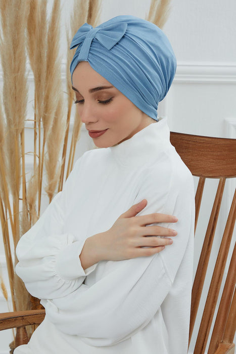 Stylish Bowtie Instant Turban Hijab Bonnet Cap for Women, Easy to Wear Jersey Headwrap with Chic Knot Detail, Modern Modest Fashion,B-7 Blue