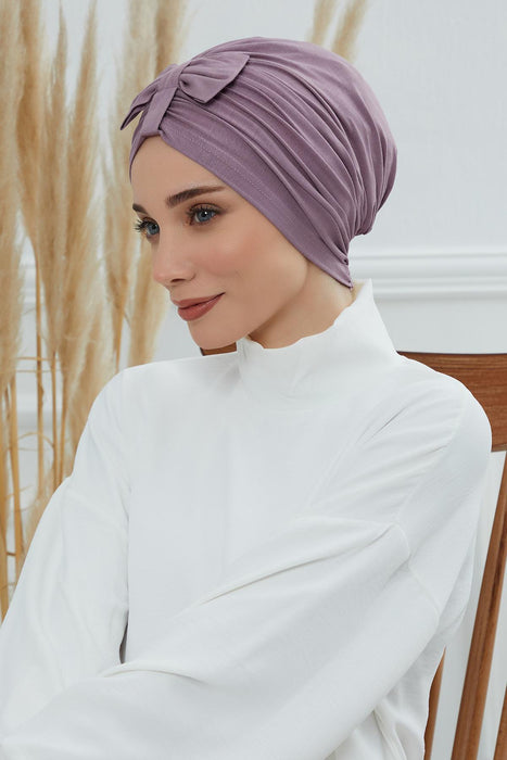 Stylish Bowtie Instant Turban Hijab Bonnet Cap for Women, Easy to Wear Jersey Headwrap with Chic Knot Detail, Modern Modest Fashion,B-7 Lilac