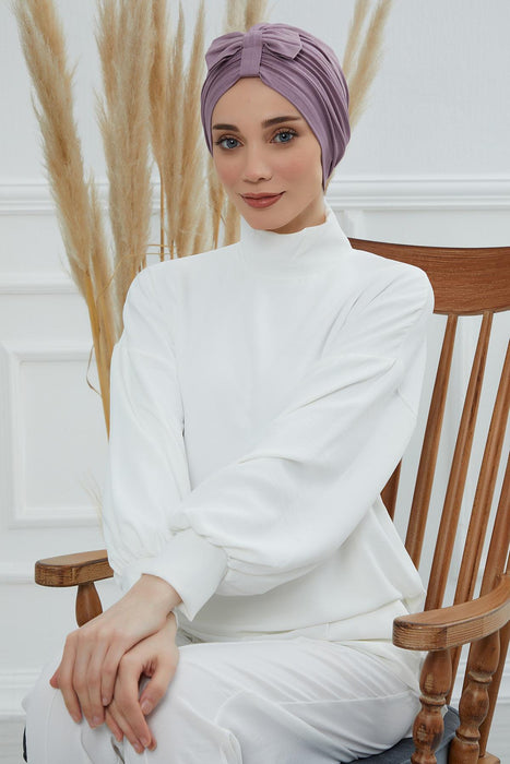 Stylish Bowtie Instant Turban Hijab Bonnet Cap for Women, Easy to Wear Jersey Headwrap with Chic Knot Detail, Modern Modest Fashion,B-7 Lilac