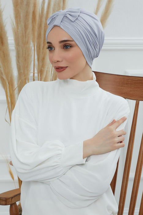 Stylish Bowtie Instant Turban Hijab Bonnet Cap for Women, Easy to Wear Jersey Headwrap with Chic Knot Detail, Modern Modest Fashion,B-7 Grey 2