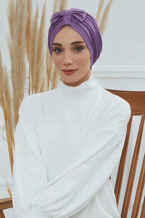 Stylish Bowtie Instant Turban Hijab Bonnet Cap for Women, Easy to Wear Jersey Headwrap with Chic Knot Detail, Modern Modest Fashion,B-7 Purple 2