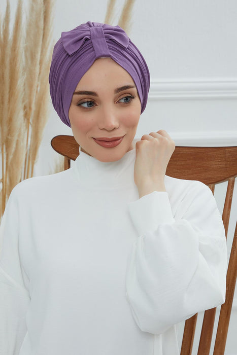 Stylish Bowtie Instant Turban Hijab Bonnet Cap for Women, Easy to Wear Jersey Headwrap with Chic Knot Detail, Modern Modest Fashion,B-7 Purple 2