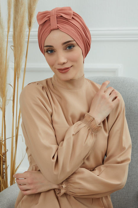 Stylish Bowtie Instant Turban Hijab Bonnet Cap for Women, Easy to Wear Jersey Headwrap with Chic Knot Detail, Modern Modest Fashion,B-7 Salmon