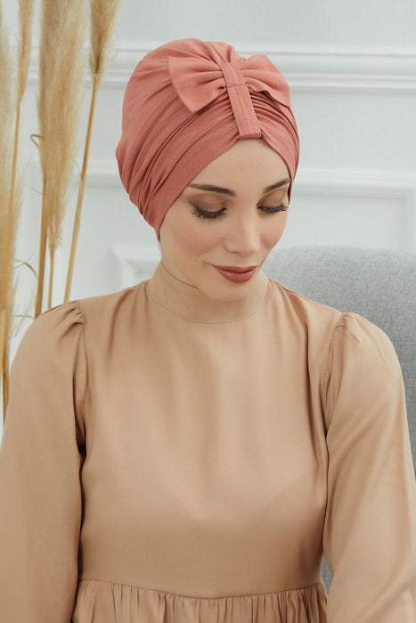 Stylish Bowtie Instant Turban Hijab Bonnet Cap for Women, Easy to Wear Jersey Headwrap with Chic Knot Detail, Modern Modest Fashion,B-7 Salmon