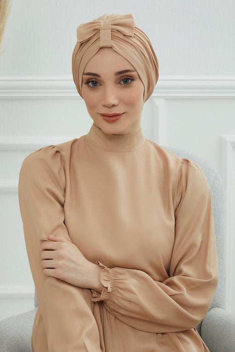 Stylish Bowtie Instant Turban Hijab Bonnet Cap for Women, Easy to Wear Jersey Headwrap with Chic Knot Detail, Modern Modest Fashion,B-7 Sand Brown