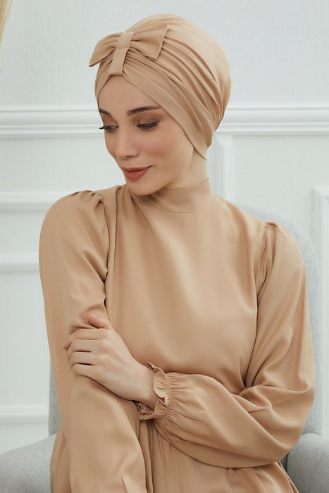 Stylish Bowtie Instant Turban Hijab Bonnet Cap for Women, Easy to Wear Jersey Headwrap with Chic Knot Detail, Modern Modest Fashion,B-7 Sand Brown