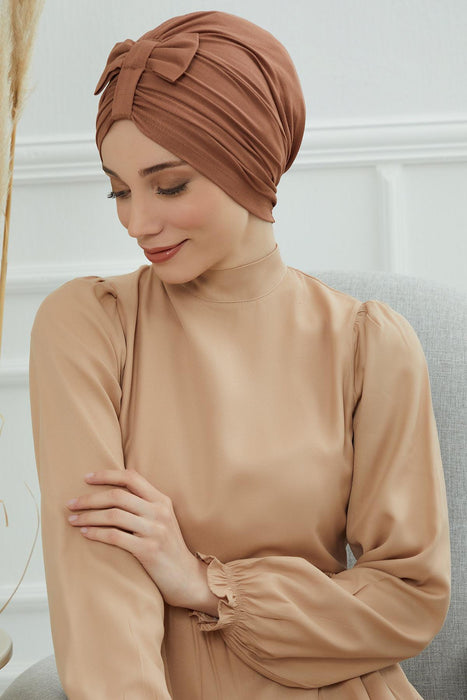 Stylish Bowtie Instant Turban Hijab Bonnet Cap for Women, Easy to Wear Jersey Headwrap with Chic Knot Detail, Modern Modest Fashion,B-7 Caramel Brown