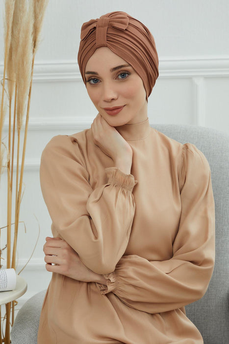 Stylish Bowtie Instant Turban Hijab Bonnet Cap for Women, Easy to Wear Jersey Headwrap with Chic Knot Detail, Modern Modest Fashion,B-7 Caramel Brown