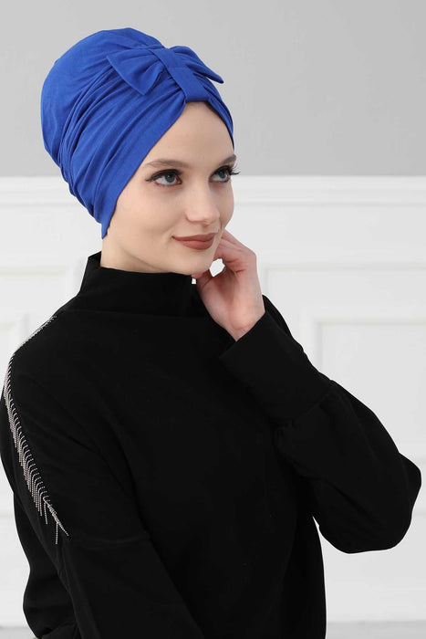 Stylish Bowtie Instant Turban Hijab Bonnet Cap for Women, Easy to Wear Jersey Headwrap with Chic Knot Detail, Modern Modest Fashion,B-7 Sax Blue